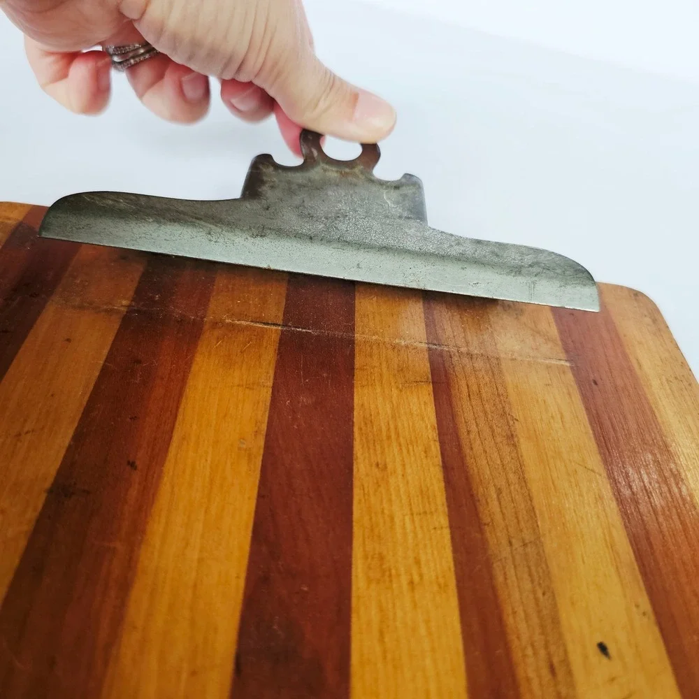 Vintage Wooden Clipboard Vertical Striped Pattern Industrial Metal Clip Rustic